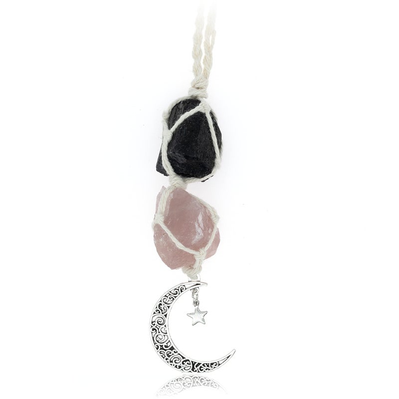 BOHO GARDEN Hanging Car Charm - Black Tourmaline & Rose Quartz - Dangling Moon  Healing Crystal Accessories  Rearview Mirror Decorations - Grounding  Confidence  Protection  Love  Self-Worth  Energy - Image 1